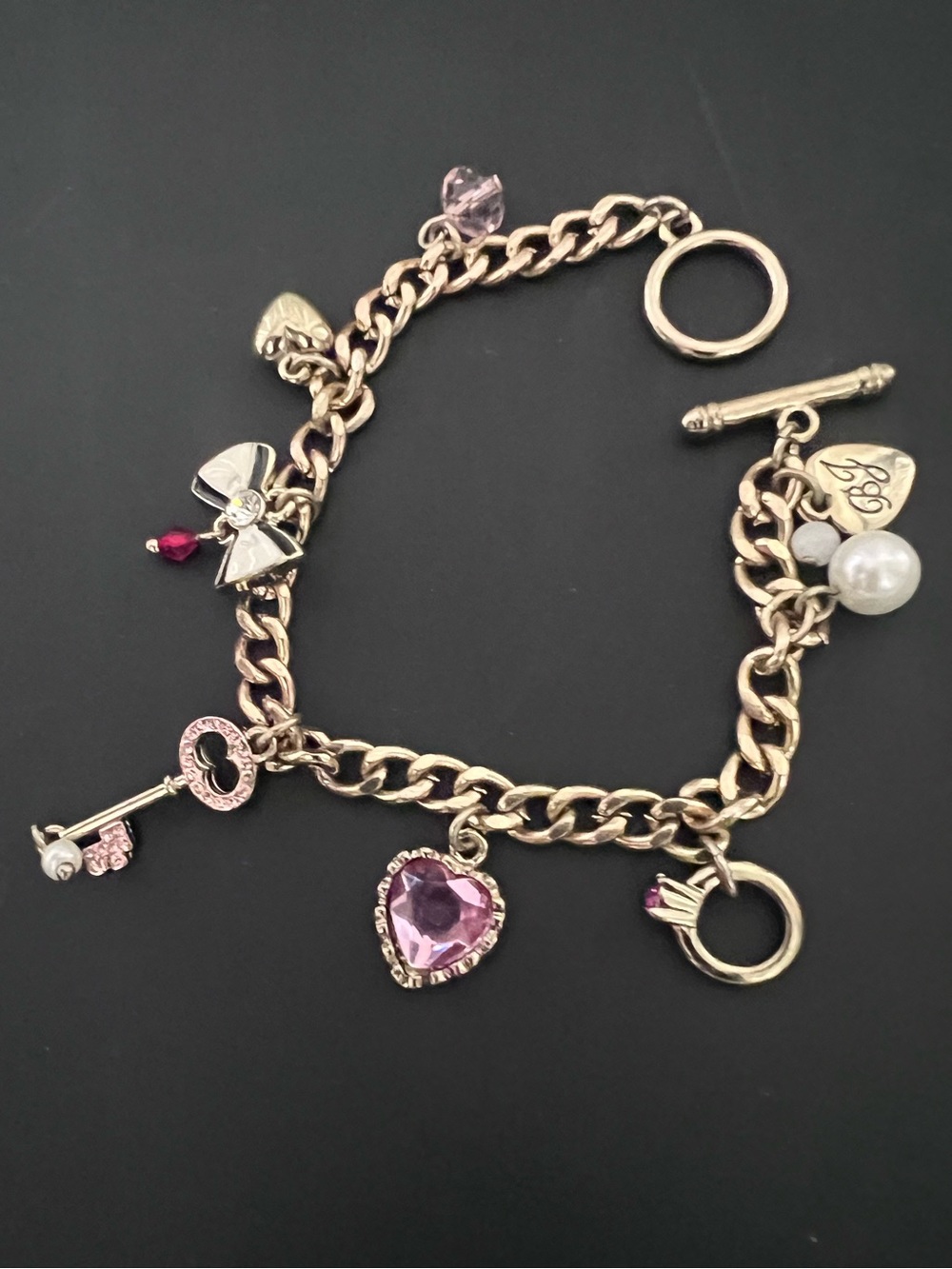 Gold Charm Bracelet with Pink Heart and Gem Accents